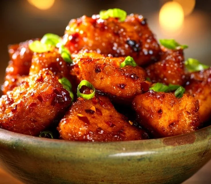 Plate of crispy baked hot honey chicken drizzled with spicy honey sauce.