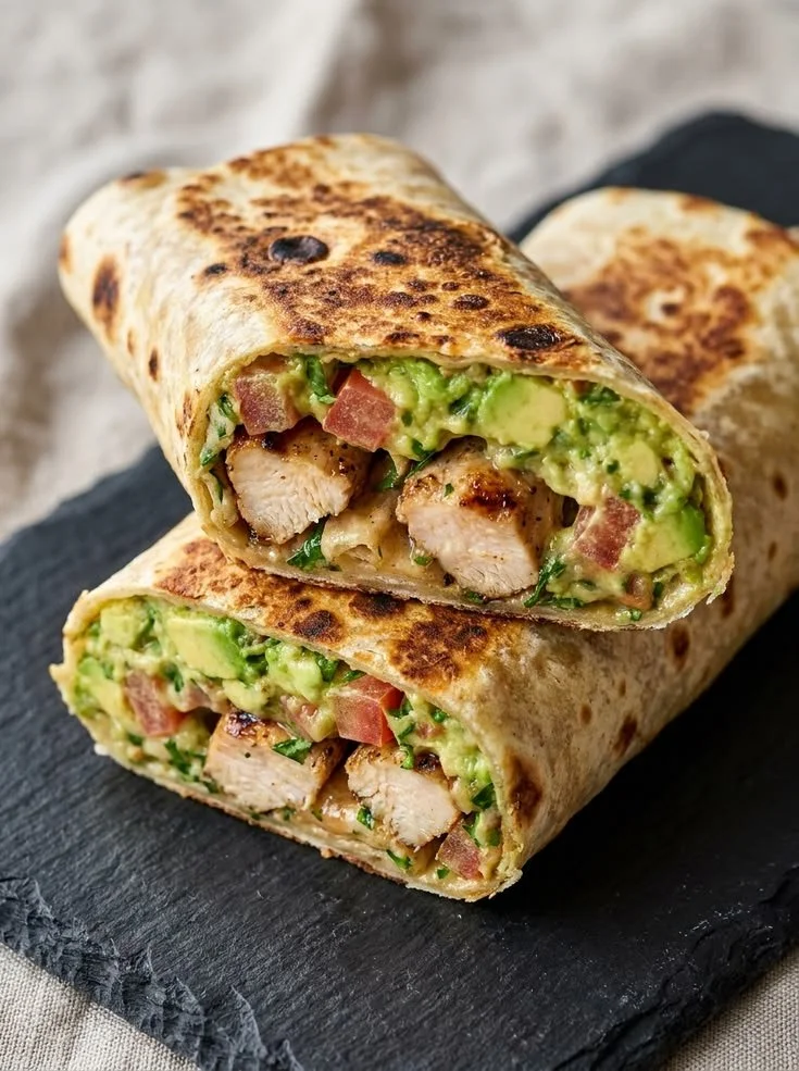 Delicious and healthy chicken avocado wrap served on a plate