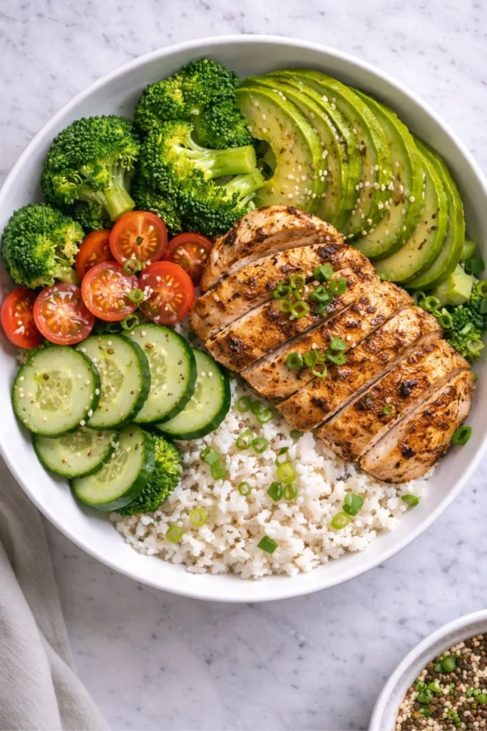 Healthy protein-packed low-carb bowl filled with fresh ingredients