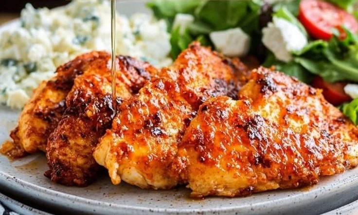 Hot Honey Chicken Breast garnished with herbs and served on a plate