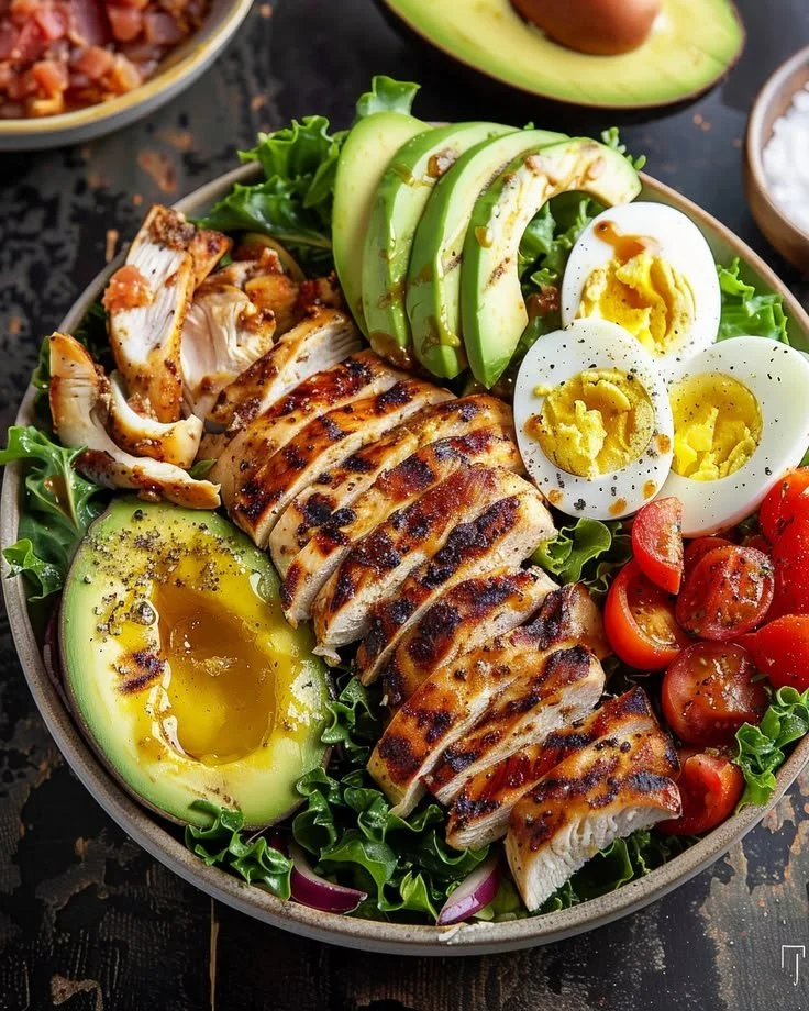 Paleo Grilled Chicken Cobb Salad topped with avocado, bacon, and fresh veggies.