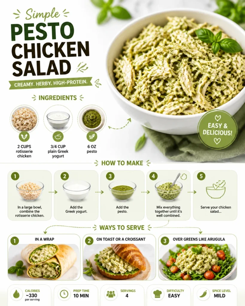 A bowl of Pesto Chicken Salad featuring tender chicken, fresh veggies, and vibrant pesto dressing.