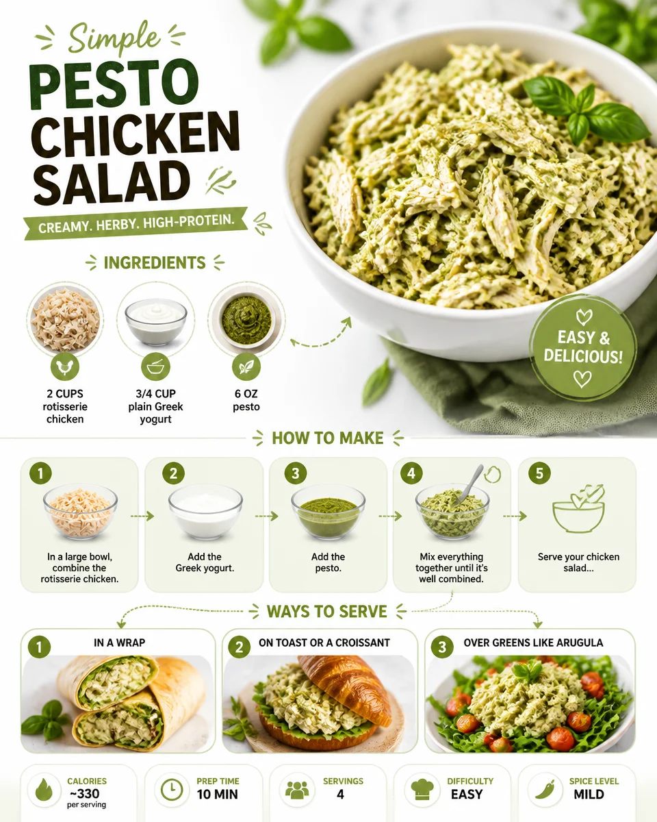 A bowl of Pesto Chicken Salad featuring tender chicken, fresh veggies, and vibrant pesto dressing.