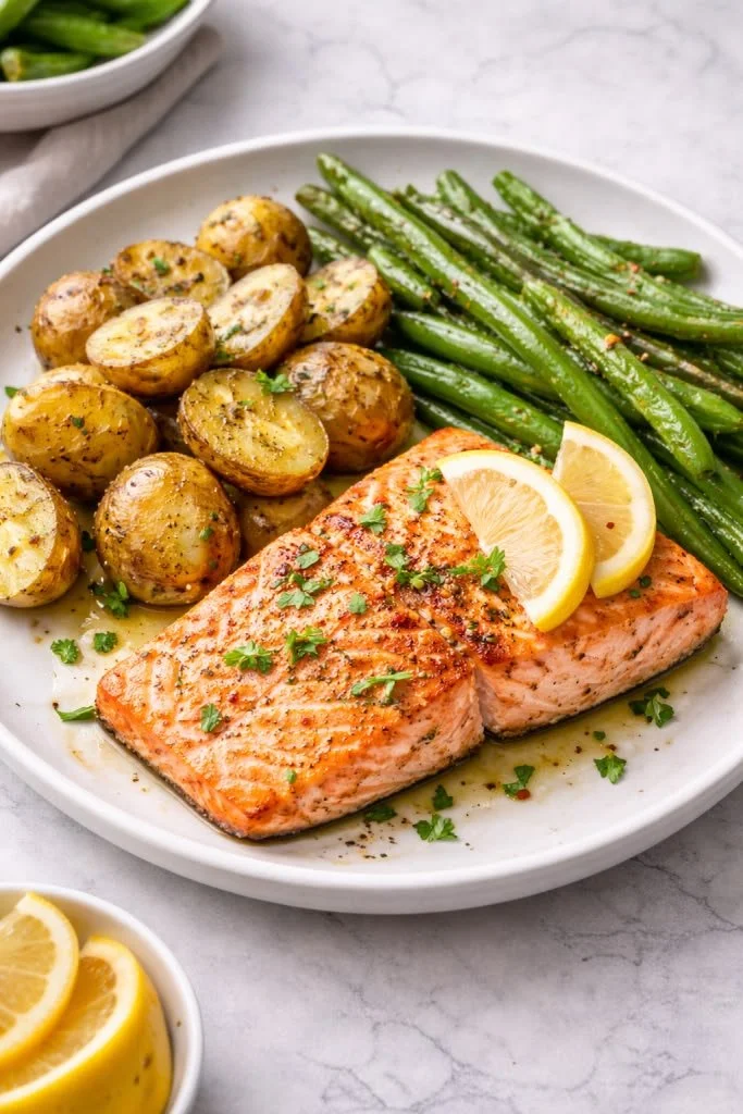 A colorful plate of simple high protein meals for a 1200 calorie diet.