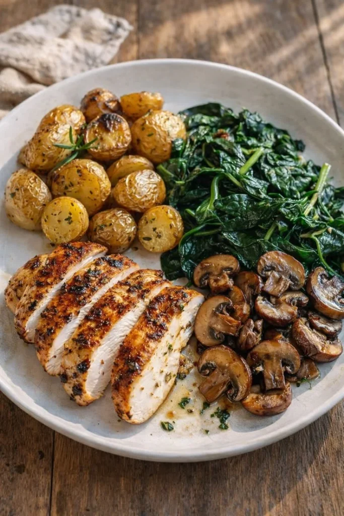 Plate of grilled chicken with herb-roasted potatoes and sautéed spinach and mushrooms