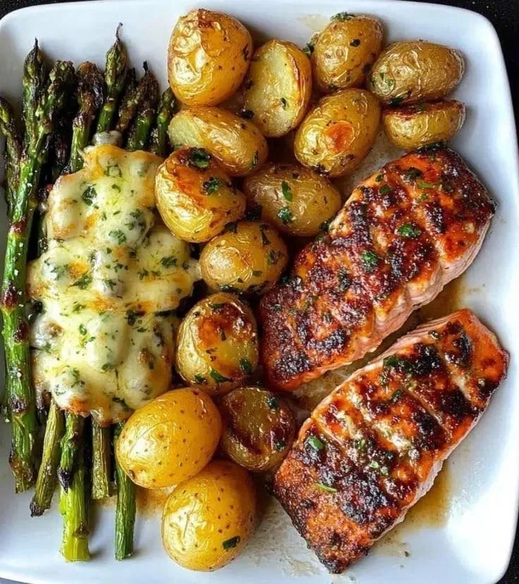 Delicious spiced salmon with cheesy asparagus and garlicky herb potatoes served on a plate.