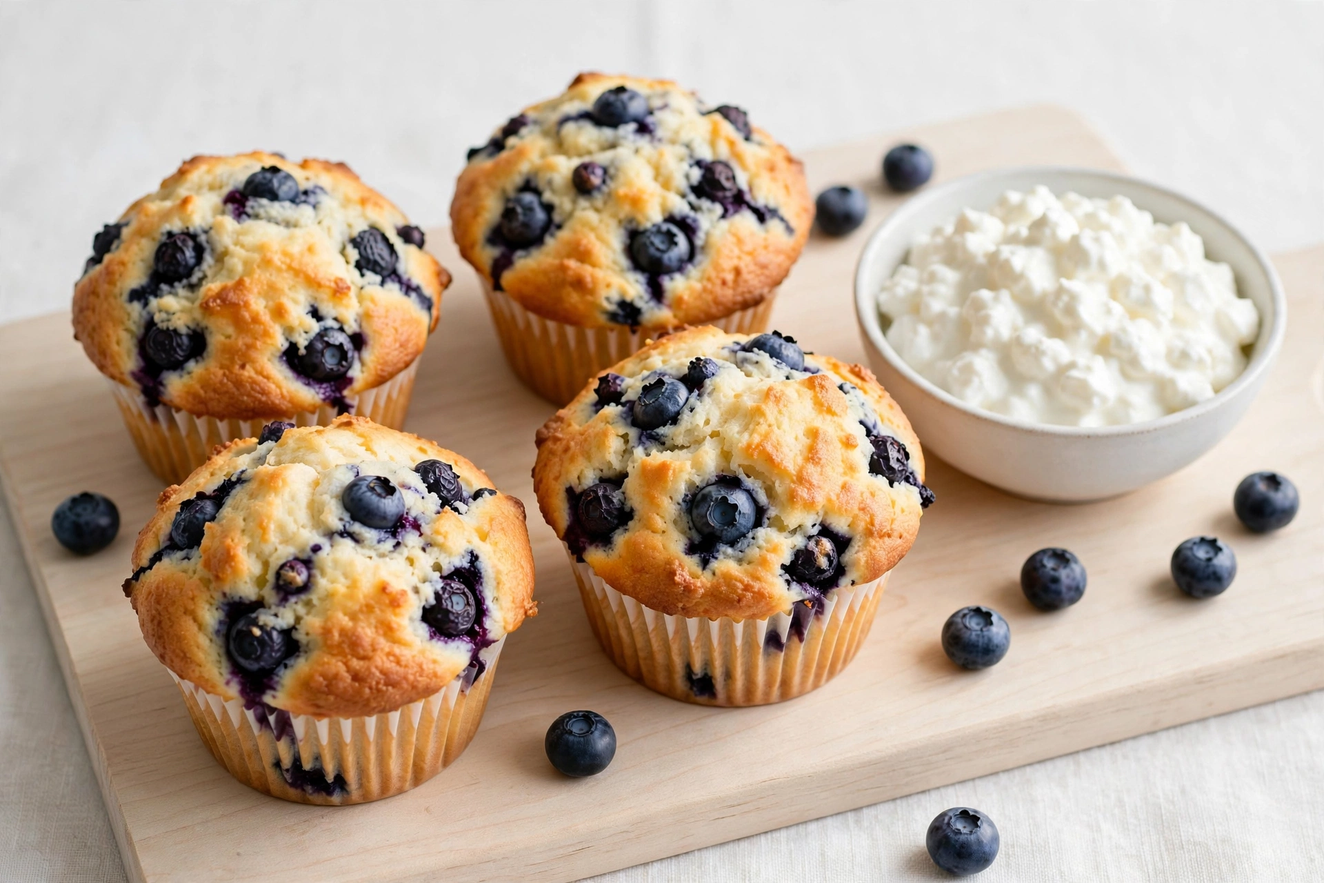 blueberry cottage cheese muffins on a white plate