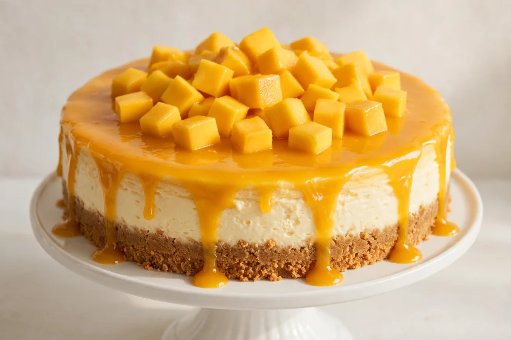 No-bake mango cheesecake with fresh mango topping