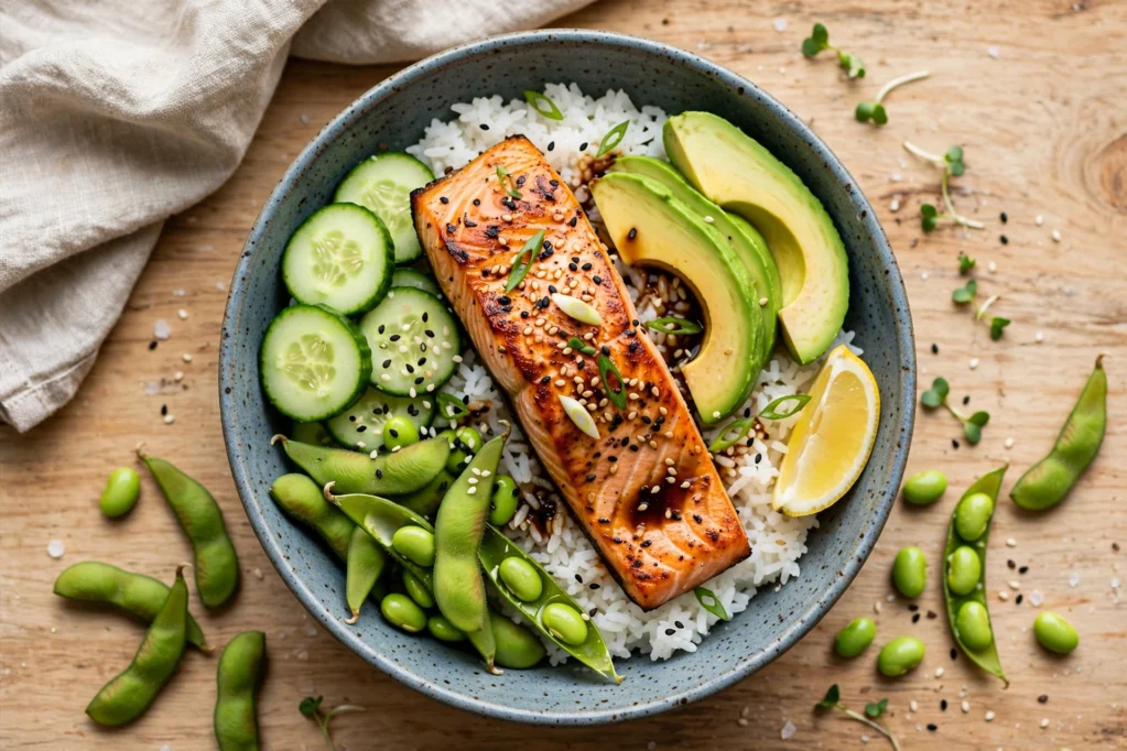 Easy salmon rice bowl with salmon, rice, avocado, cucumber, and fresh vegetables