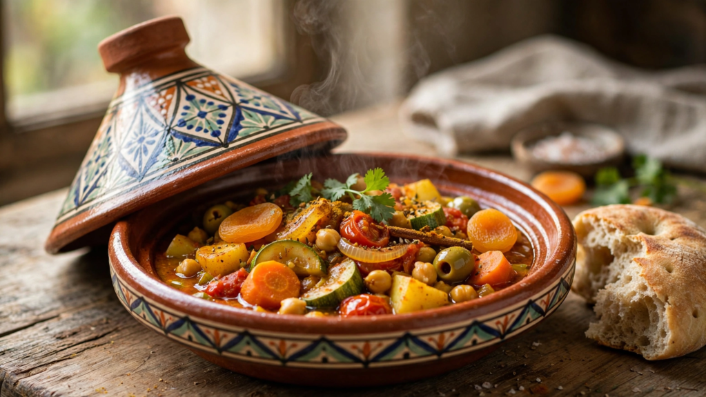 Moroccan Vegetable Tagine with chickpeas, carrots, zucchini and warm Moroccan spices served in a traditional clay tagine.