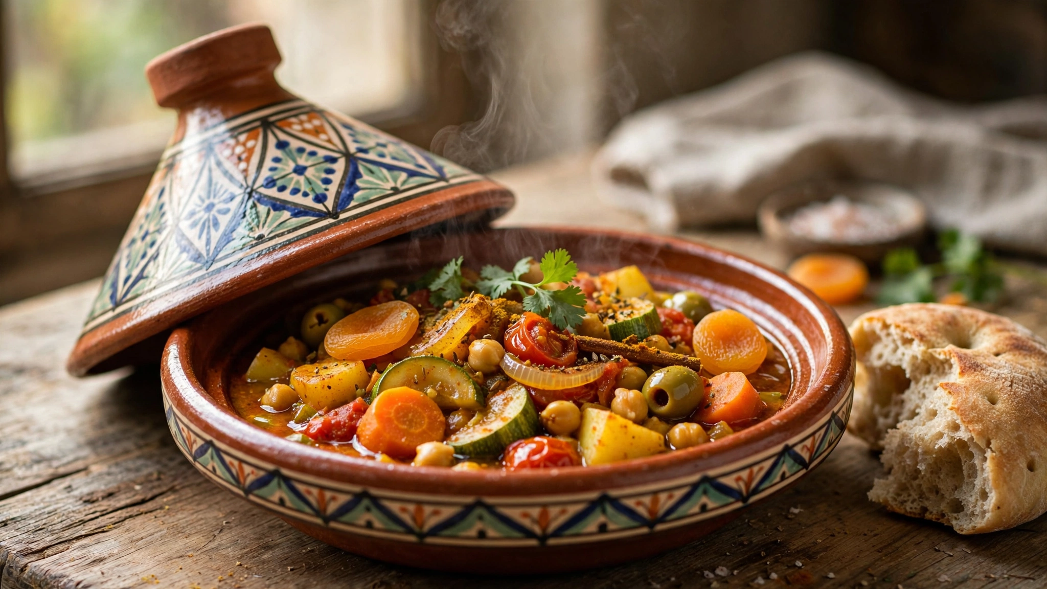 Moroccan Vegetable Tagine with chickpeas, carrots, zucchini and warm Moroccan spices served in a traditional clay tagine.